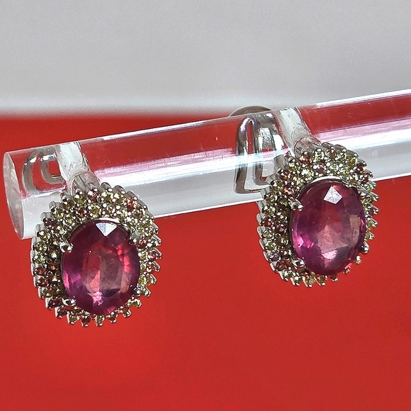 925 Sterling Silver Earrings with Natural Ruby & Sapphires Gemstones - Picture 3 of 14